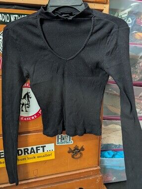 Rue21 Black Ribbed V-Neck Long Sleeve Cut Out Top!